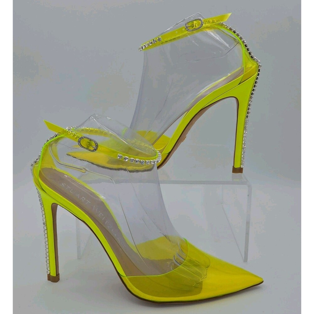 Stuart Weitzman Glam 100 Neon Yellow PVC Crystal Strap Pump Heel Size 10 EU 40.5 - Picture 2 of 8